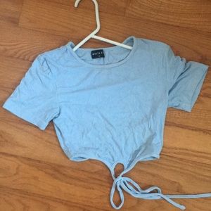 Baby blue crop top, tie at the end